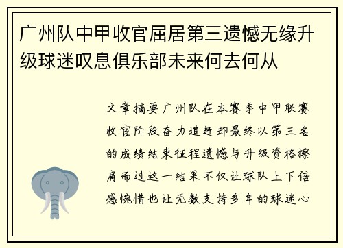 广州队中甲收官屈居第三遗憾无缘升级球迷叹息俱乐部未来何去何从