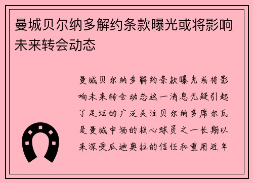 曼城贝尔纳多解约条款曝光或将影响未来转会动态 曼城贝尔纳多解约条款曝光或将影响未来转会动态